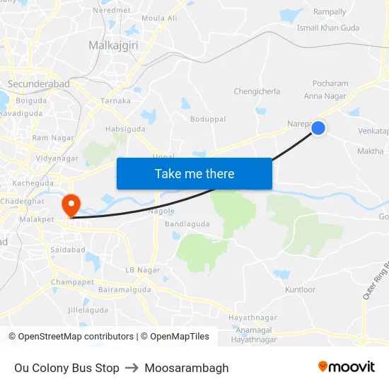Ou Colony Bus Stop to Moosarambagh map