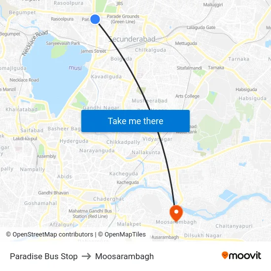 Paradise Bus Stop to Moosarambagh map
