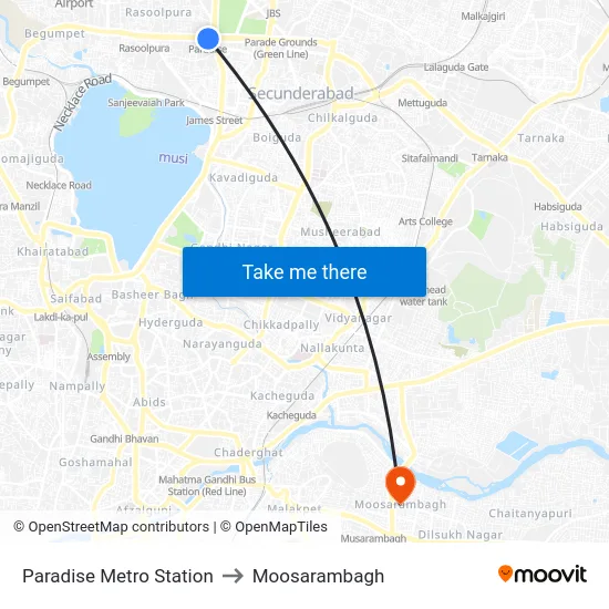 Paradise Metro Station to Moosarambagh map