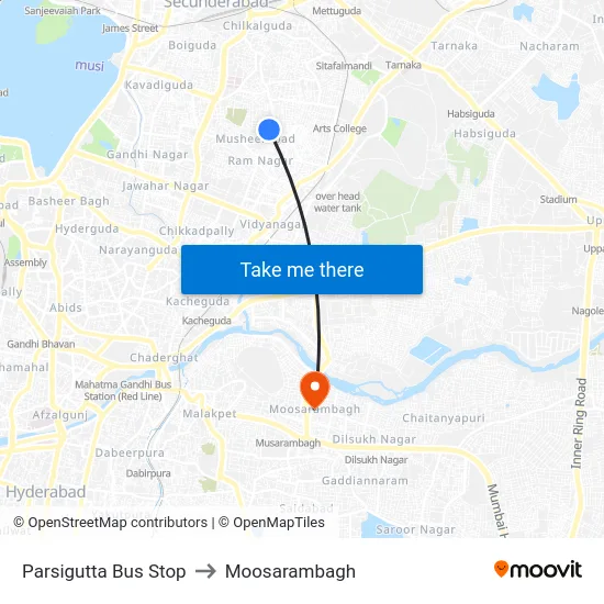Parsigutta Bus Stop to Moosarambagh map