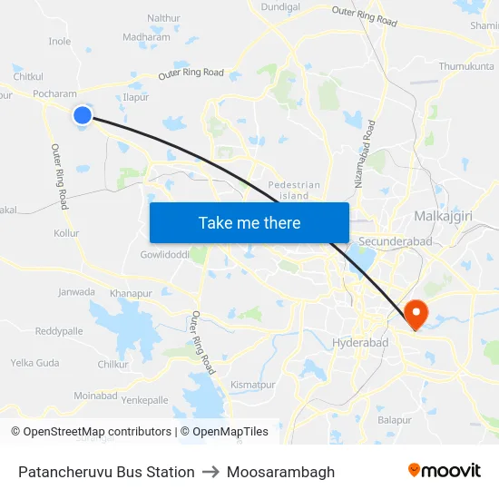 Patancheruvu Bus Station to Moosarambagh map