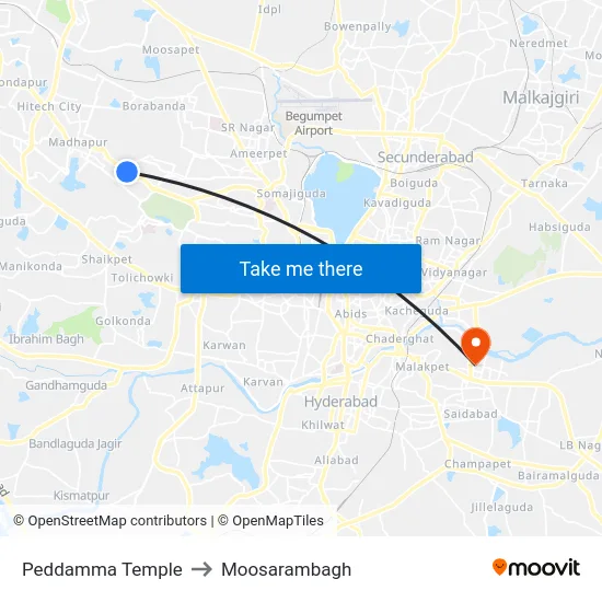 Peddamma Temple to Moosarambagh map