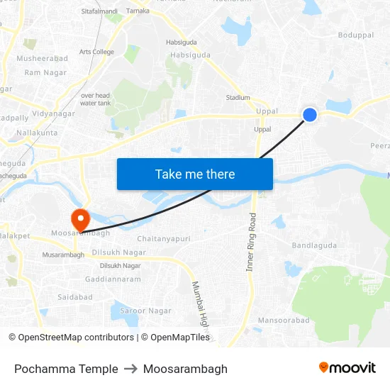 Pochamma Temple to Moosarambagh map