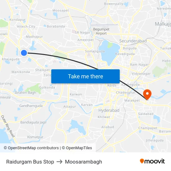Raidurgam Bus Stop to Moosarambagh map