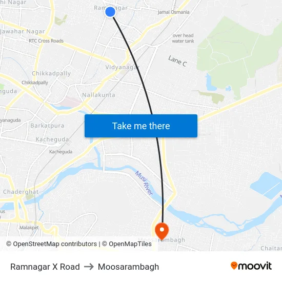 Ramnagar X Road to Moosarambagh map