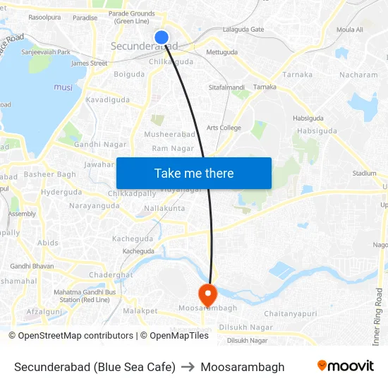Secunderabad (Blue Sea Cafe) to Moosarambagh map