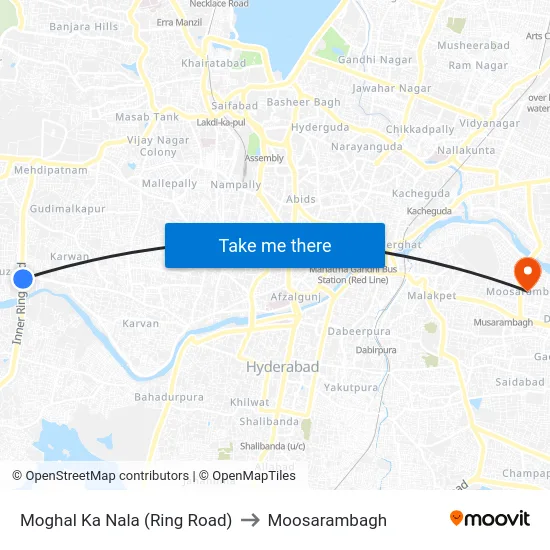Moghal Ka Nala (Ring Road) to Moosarambagh map