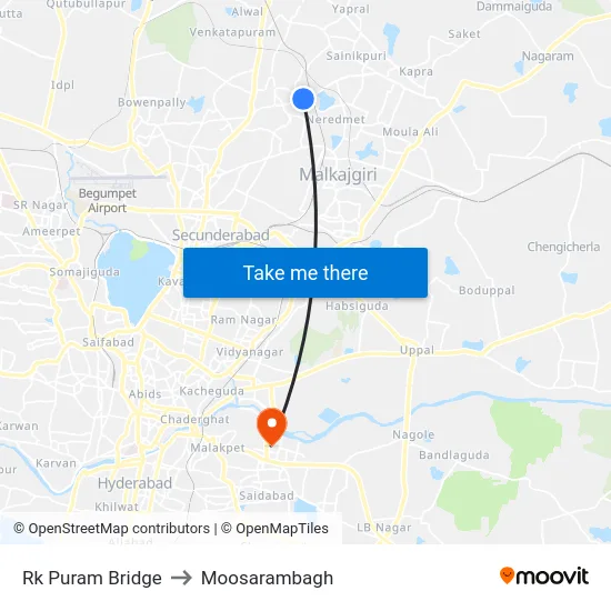 Rk Puram Bridge to Moosarambagh map