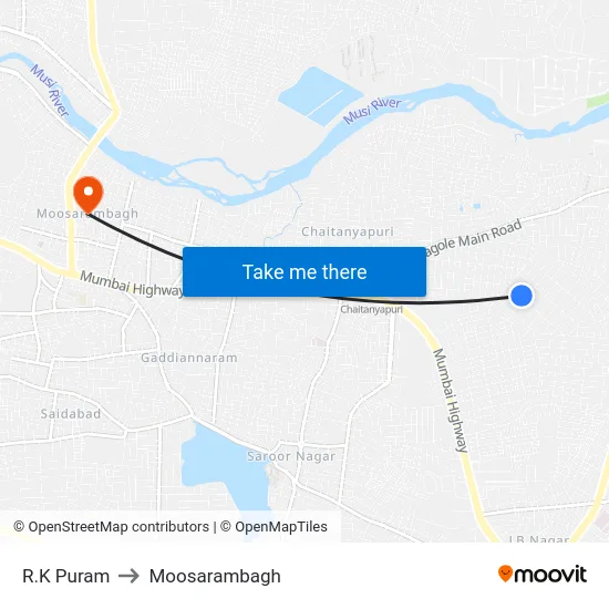 R.K Puram to Moosarambagh map