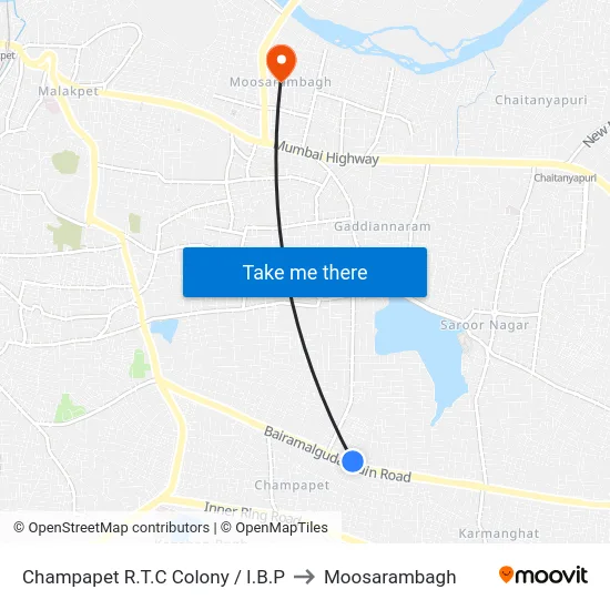 Champapet R.T.C Colony / I.B.P to Moosarambagh map