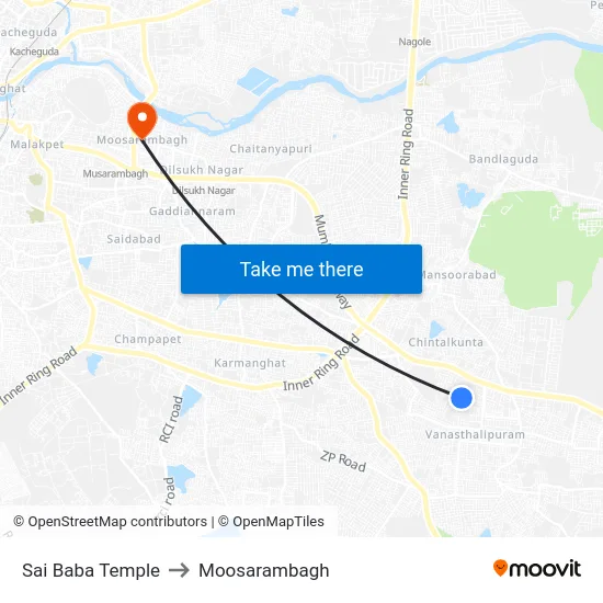 Sai Baba Temple to Moosarambagh map