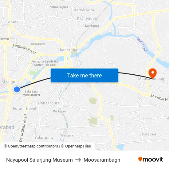 Nayapool Salarjung Museum to Moosarambagh map