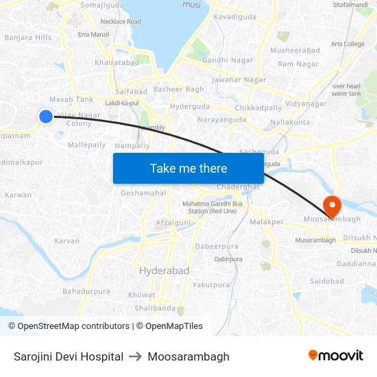 Sarojini Devi Hospital to Moosarambagh map