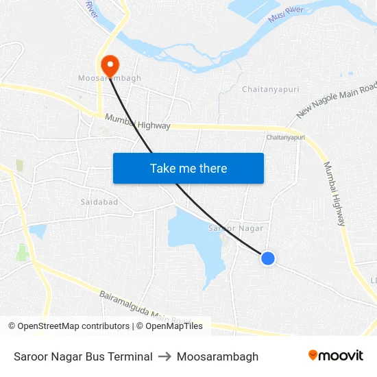 Saroor Nagar Bus Terminal to Moosarambagh map
