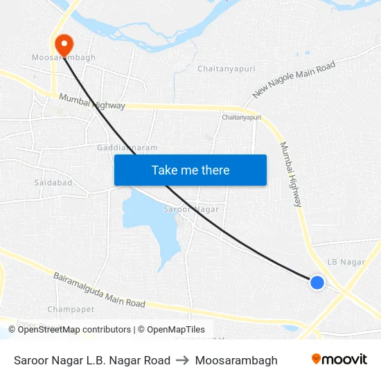 Saroor Nagar L.B. Nagar Road to Moosarambagh map