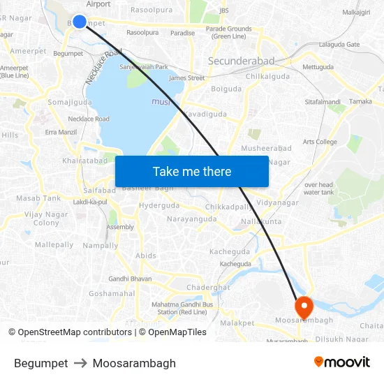 Begumpet to Moosarambagh map
