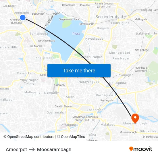 Ameerpet to Moosarambagh map