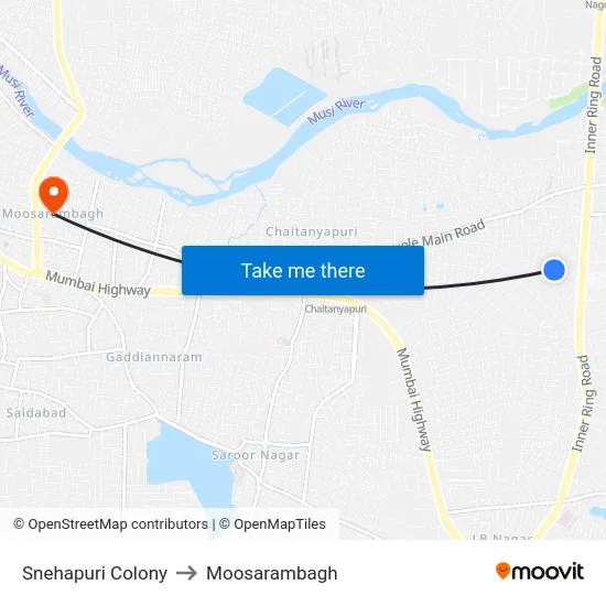 Snehapuri Colony to Moosarambagh map