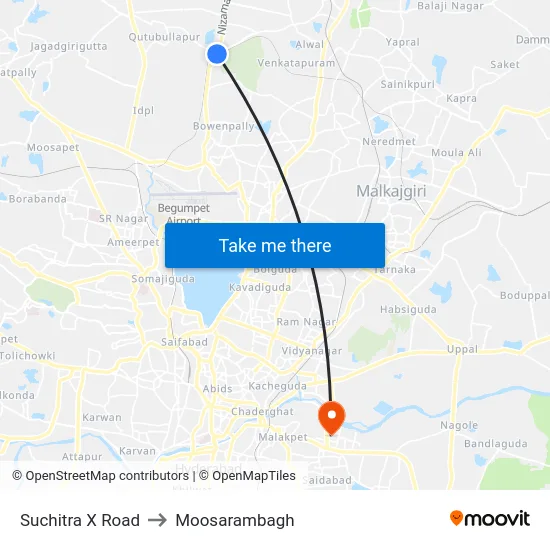 Suchitra X Road to Moosarambagh map