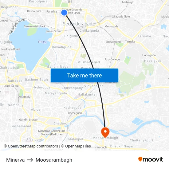 Minerva to Moosarambagh map