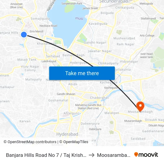 Banjara Hills Road No 7 / Taj Krishna to Moosarambagh map