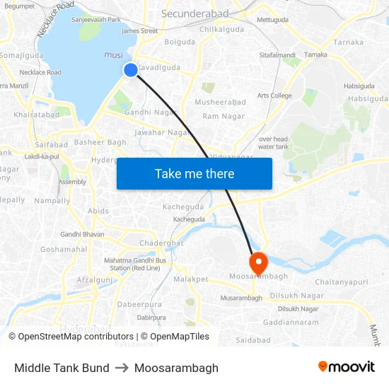 Middle Tank Bund to Moosarambagh map
