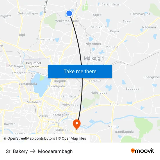 Sri Bakery to Moosarambagh map