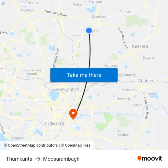 Thumkunta to Moosarambagh map