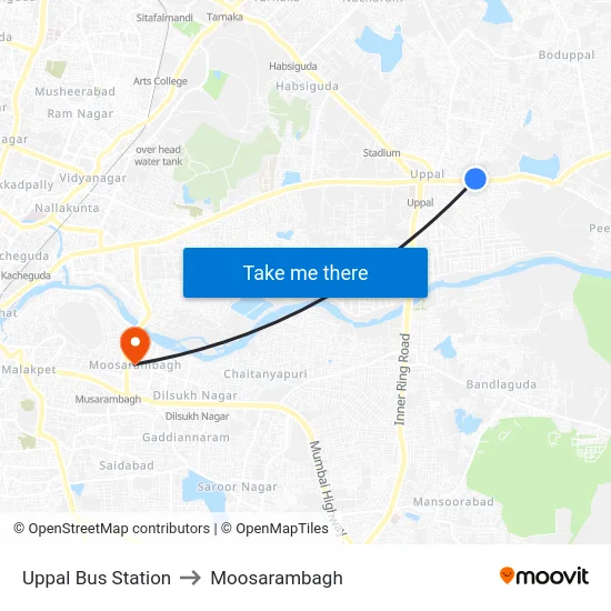 Uppal Bus Station to Moosarambagh map