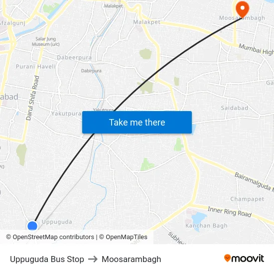 Uppuguda Bus Stop to Moosarambagh map