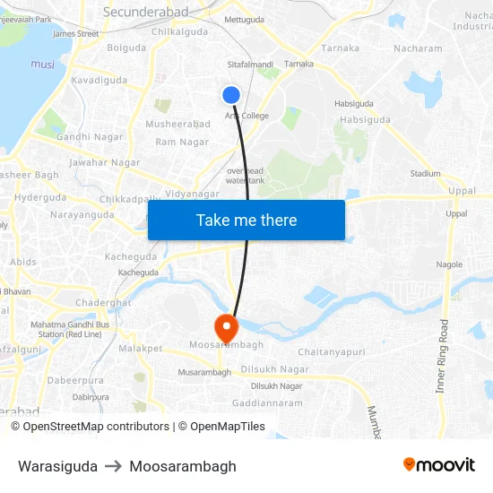 Warasiguda to Moosarambagh map