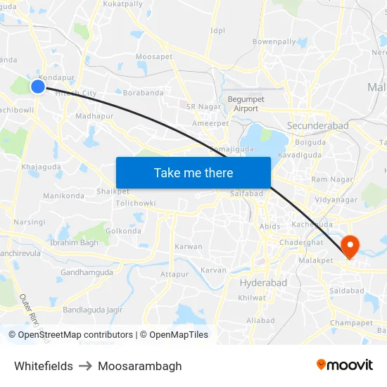 Whitefields to Moosarambagh map