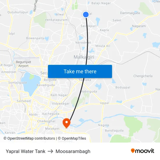 Yapral Water Tank to Moosarambagh map