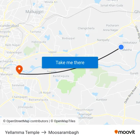 Yellamma Temple to Moosarambagh map
