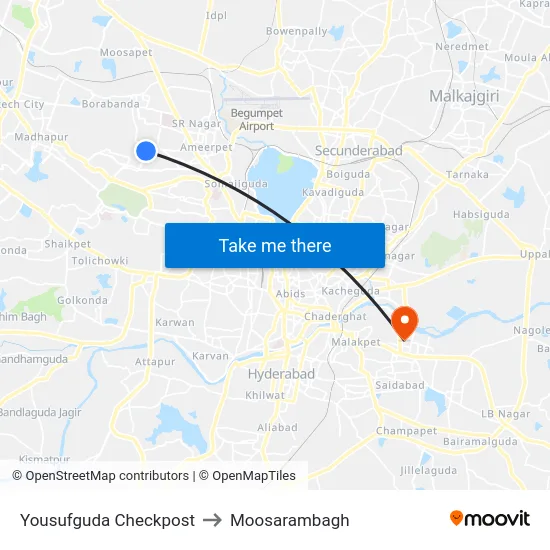 Yousufguda Checkpost to Moosarambagh map