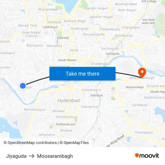 Jiyaguda to Moosarambagh map
