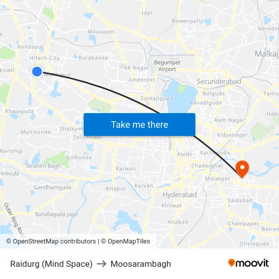 Raidurg (Mind Space) to Moosarambagh map