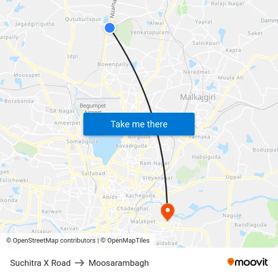Suchitra X Road to Moosarambagh map