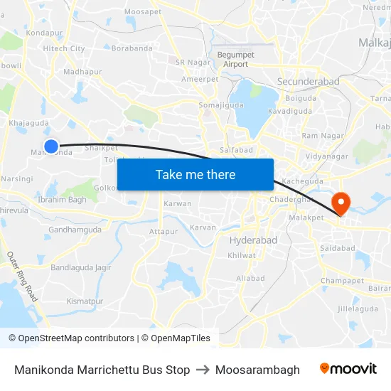 Manikonda Marrichettu Bus Stop to Moosarambagh map