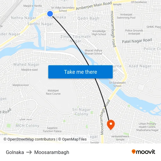 Golnaka to Moosarambagh map