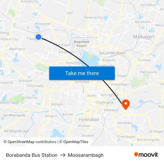 Borabanda Bus Station to Moosarambagh map