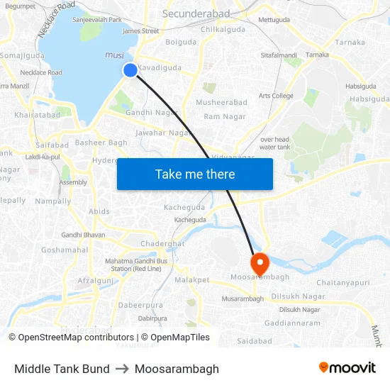 Middle Tank Bund to Moosarambagh map