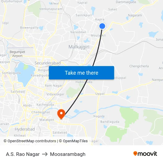 A.S. Rao Nagar to Moosarambagh map