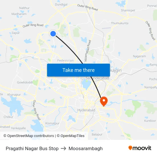 Pragathi Nagar Bus Stop to Moosarambagh map