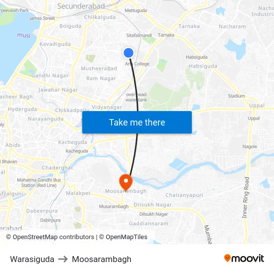 Warasiguda to Moosarambagh map