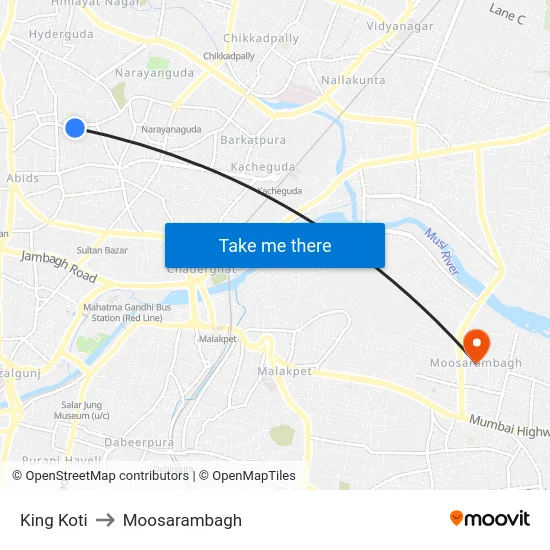 King Koti to Moosarambagh map