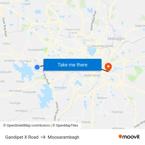 Gandipet X Road to Moosarambagh map