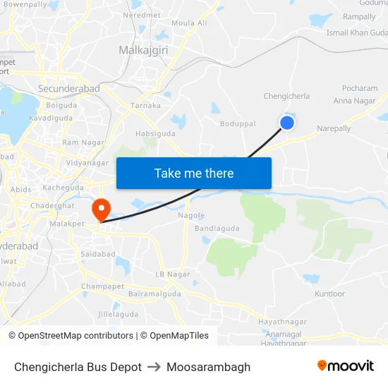 Chengicherla Bus Depot to Moosarambagh map