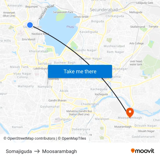 Somajiguda to Moosarambagh map