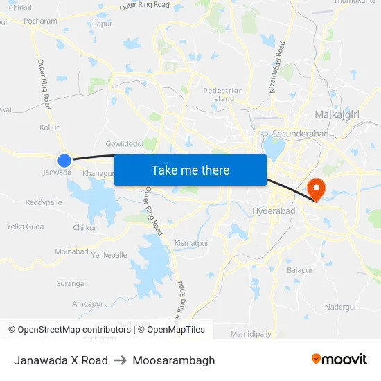 Janawada X Road to Moosarambagh map